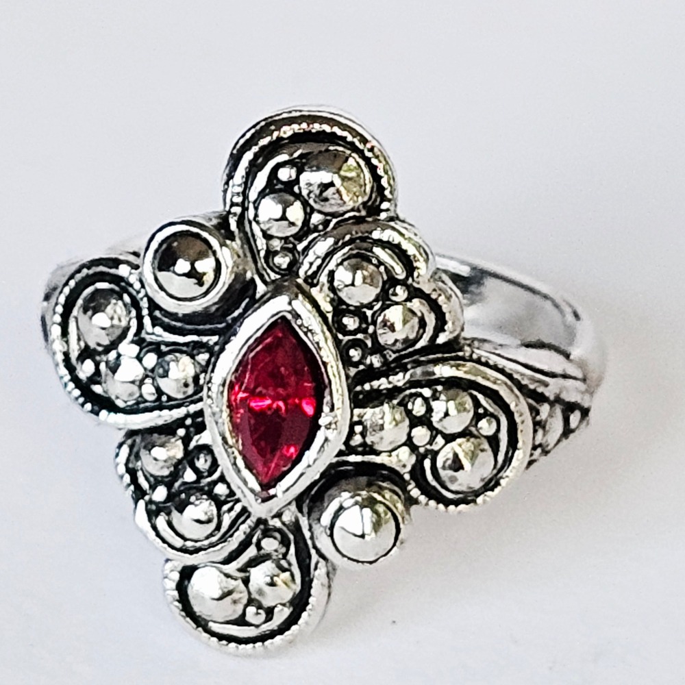 Vtg 90's Witchy Gothic Statement Ring Red Faux Ruby Marcasite Art Deco Silver - Picture 6 of 11